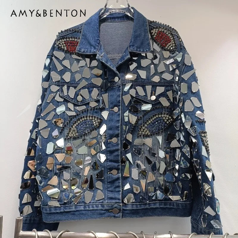 Premium Denim Jacket New Autumn Heavy Industry Sequins Handmade Diamond-encrusted Fashion Handsome Top Single-breasted Cool Coat