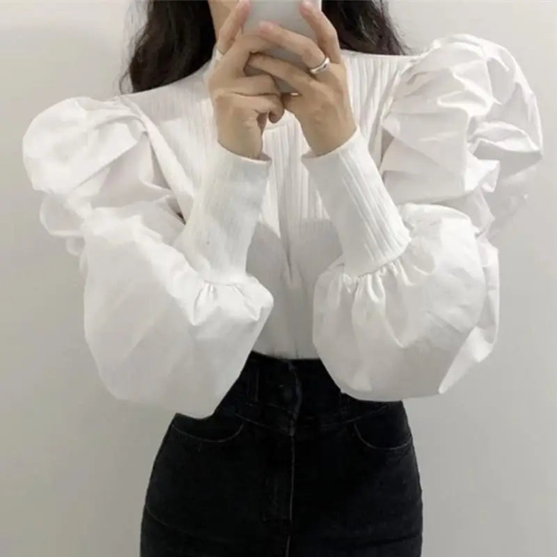 Knit Puff Long Sleeve Blouse Women Solid Color Basic Shirt Pulovers Lady Office Work Wear Top Elegant Female Black White