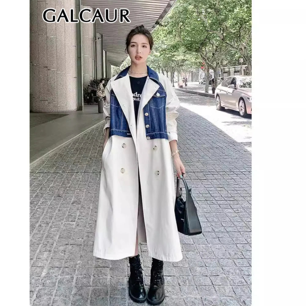 GALCAUR Colorblock Fashion Spliced Double Breasted Trench for Women Lapel Long Sleeve Patchwork Pockets Coat Female Clothing New