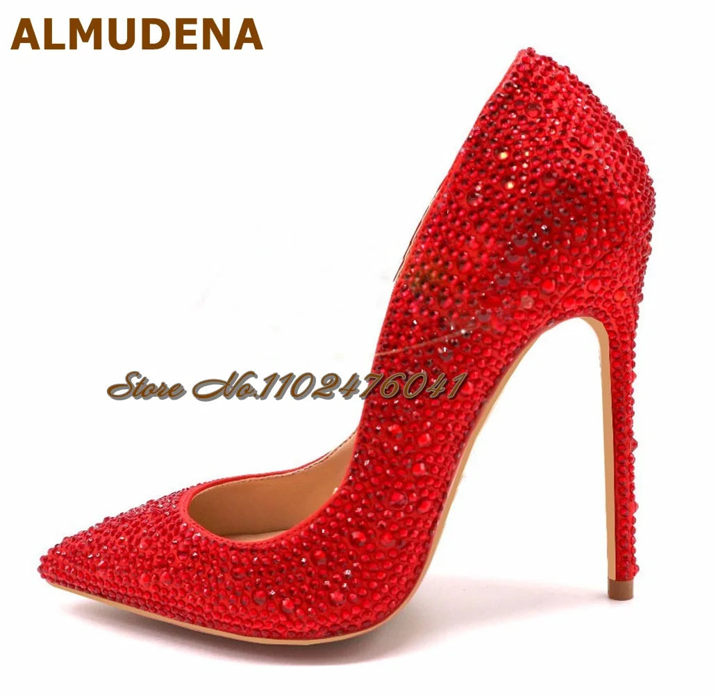 Almudena Silver Gold Full Crystal Bling Bling Wedding Shoes 12cm 10cm 8cm Stilettos Pointed Toe Shallow Pumps Rhinestone Heels