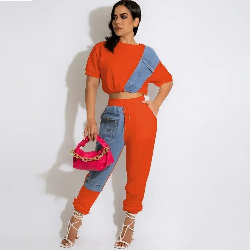 KEXU Workout Jean Patchwork Women Two Piece Set Outfits Sweatsuit  Summer Tee and Jogger Pants Matching Set Casual Tracksuit