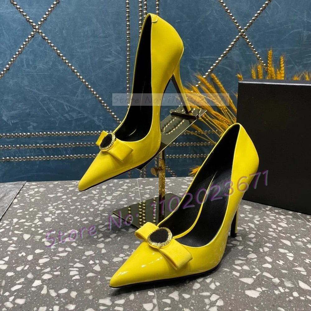 Pink Bow Pointy Stiletto Pumps Women Elegant Gold Buckle Decor Real Leather 10cm High Heels Shoes Ladies Stylish Newest Sandals