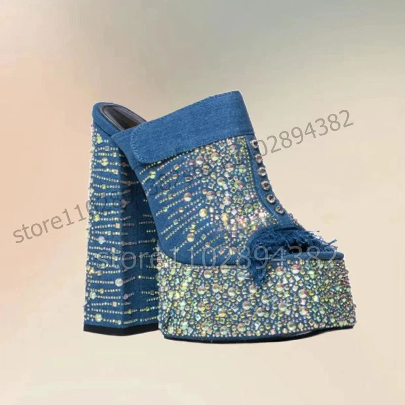 Blue Denim Ruffles Rhinestone Decor Platform Slippers Slip On Women Shoes Chunky High Heels Peep Toe 2023 Zapatos Para Mujere