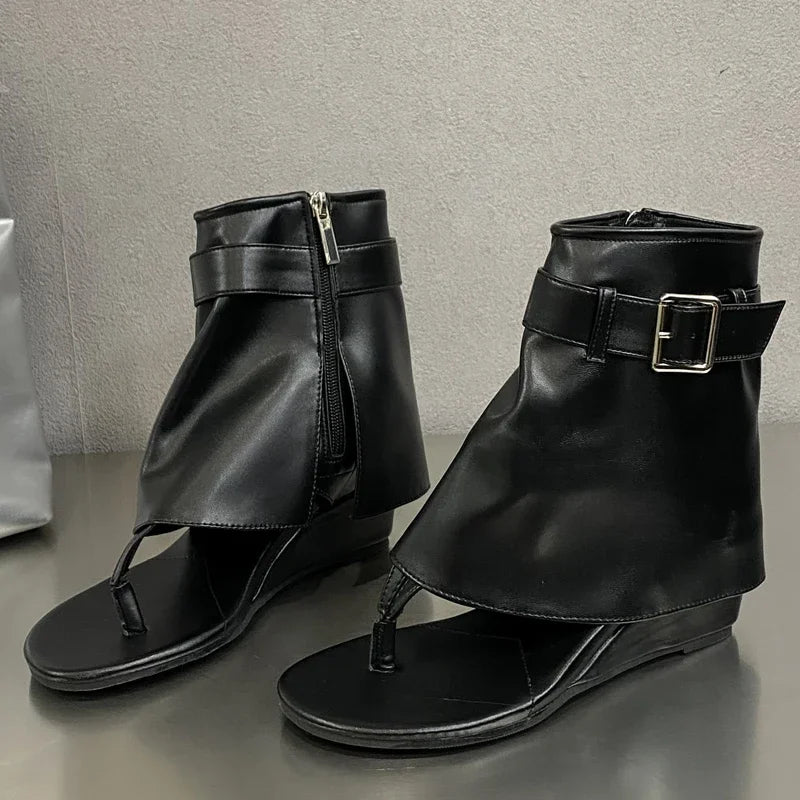 Eilyken Fashion Style Clip Toe Wedges Heels Zipper Boots Sandals Women Belt Buckle Flip Flop Short Booties Shoes