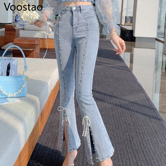 Spring Autumn Sweet High Waist Split Denim Pants Women Elegant Chic Beading Bowknot Boot Cut Pants Girls Vintage Fairy Jeans