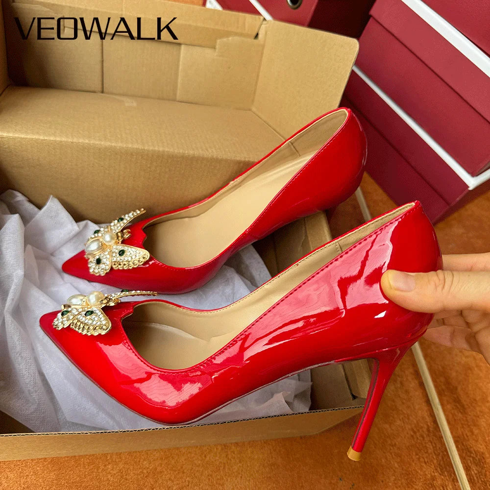 Veowalk Chic Stiletto Pumps 12cm 10cm 8cm Sexy Glitter Bow Women Red Pointy Toe Slip On High Heels Wedding Party Shoes Plus Size