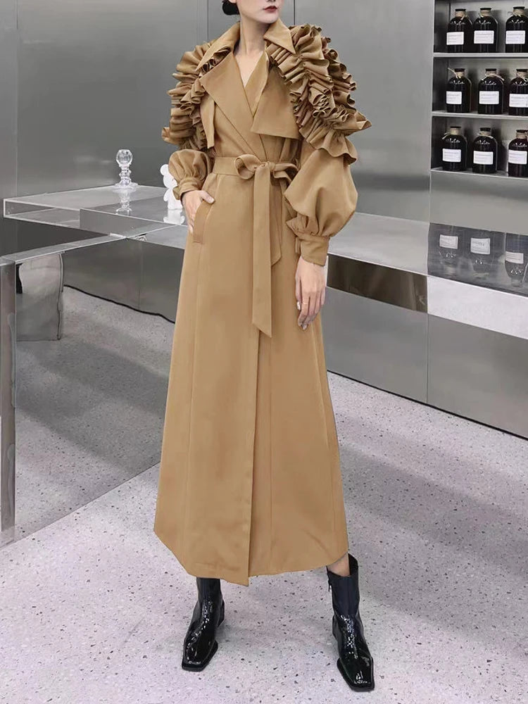 TWOTWINSTYLE Ruffle Trim Trench Coat For Women Lapel Long Sleeve Sashes Ruched Solid Korean Coats Female Clothes Autumn New 2022