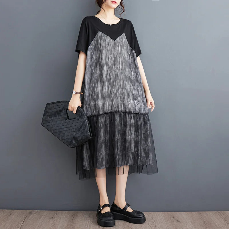 #6616 Black Tie Dye False Two Piece T Shirt Dress Spliced Mesh Vintage Dress Women Loose Streetwear Tshirt Dress Female Midi