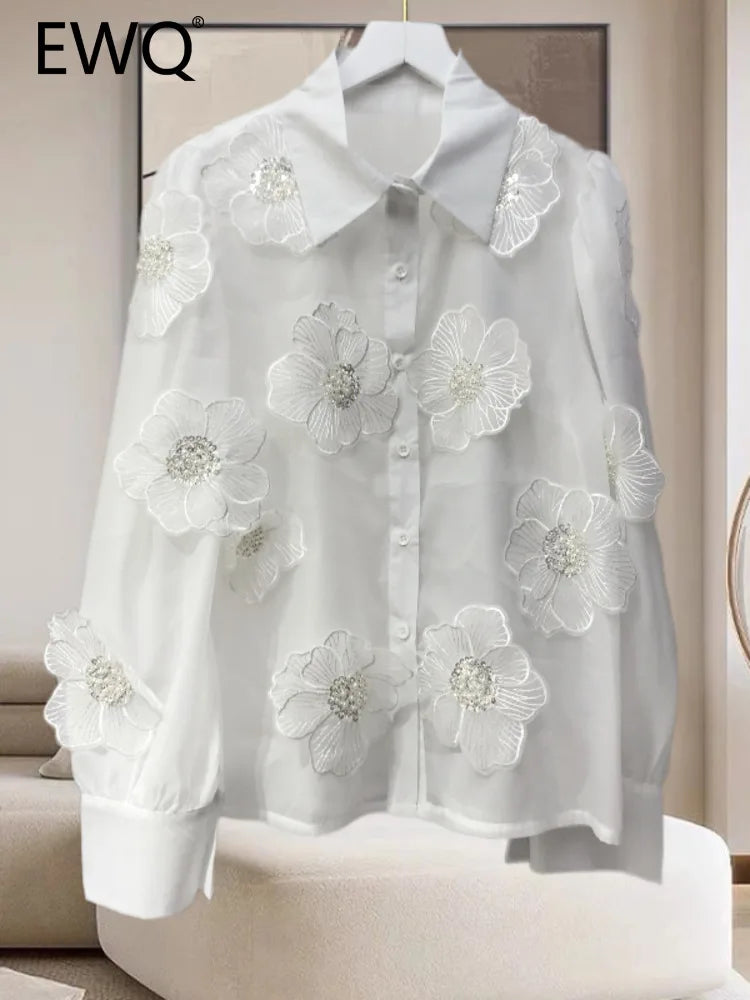 EWQ Fashion Floral Patchwork Design Shirt Women Lapel Long Sleeves Single Breasted Tops Casual 2024 New Clothing 27C117