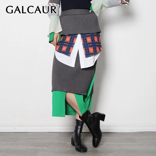 GALCAUR Designer Skirt For Women High Waist Patchwork  Hit Color Plaid Split A Line Loose Mid Skirts Female 2025 Autumn Clothing