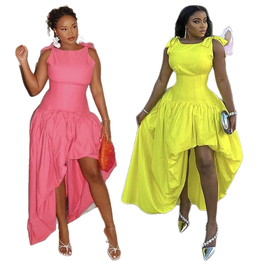 2024 African Design Popular Casual Dresses Women Elegant Solid Color Front Ruffles Formal Church Office Ladies Dress for Work