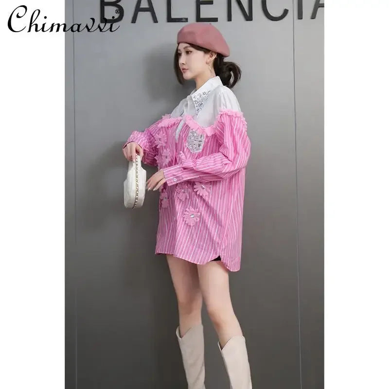 French Fashion Shirt Spring and Autumn New Heavy Long-sleeved Splicing 3D Flower Loose Slim-fit Top High Street Blouse Women