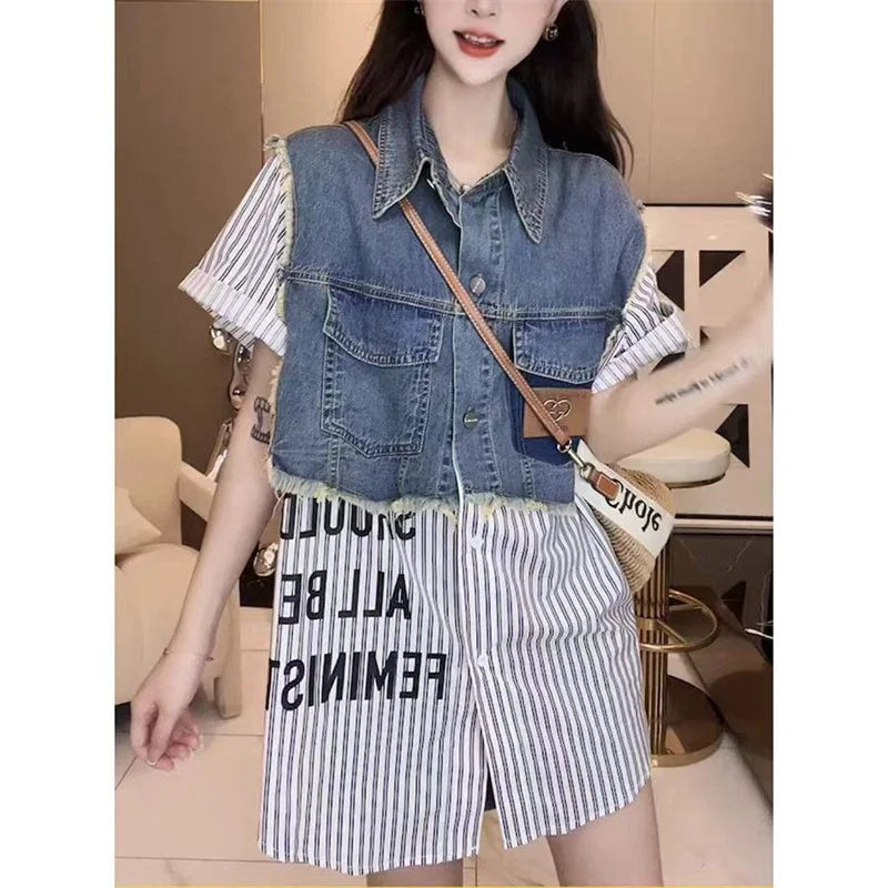 Spring/Summer 2024 New Fashion Striped Fake two Denim Shirts Women's Design Sense Stitching Women Jackets Temperament Coat Top