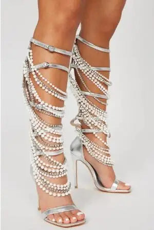 Sliver Leather Crystal Rhinestone White Pearl Chain Cross Strap Gladiator Cuts Out Thin Heels Knee High Sandals Boots Women