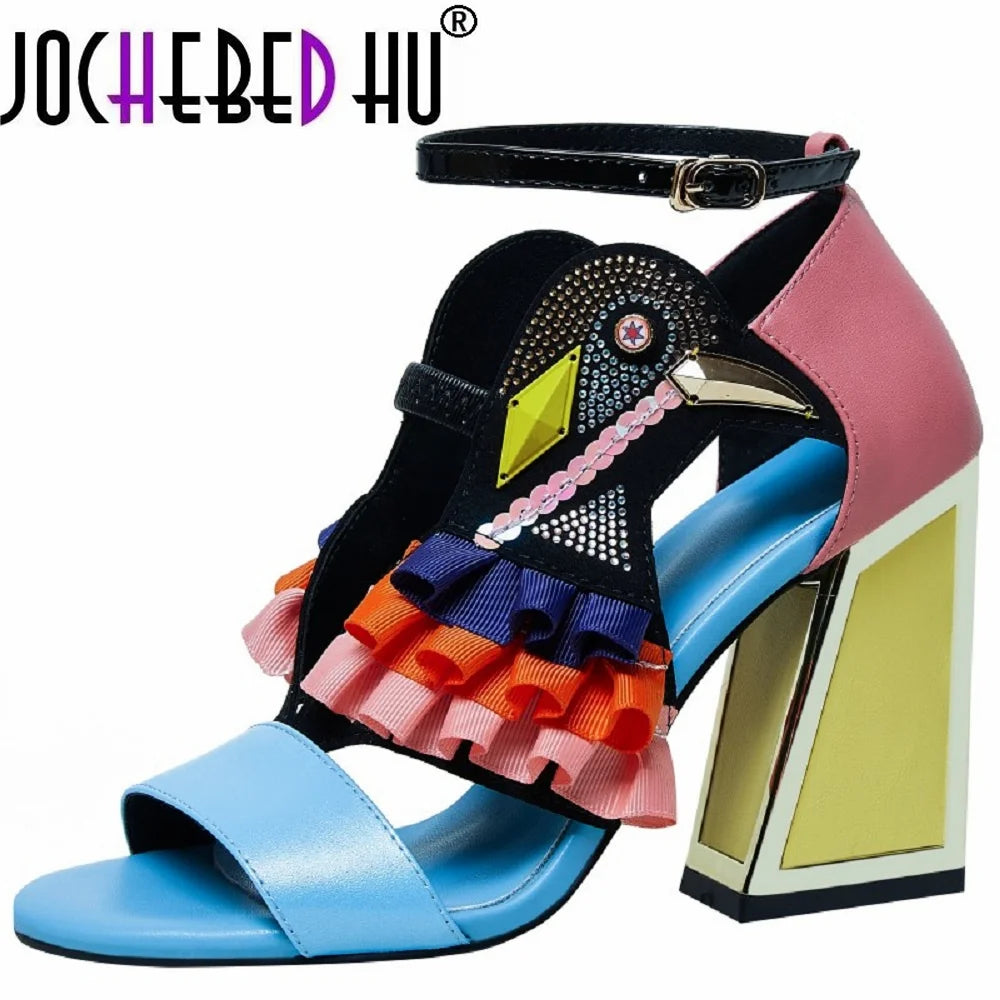 【JOCHEBED HU】New Designer High Heel Shoes Summer Sandals Ruffles Bird Decor Party Rhinestone Chunky Heel Novelty Sandalias 33-44