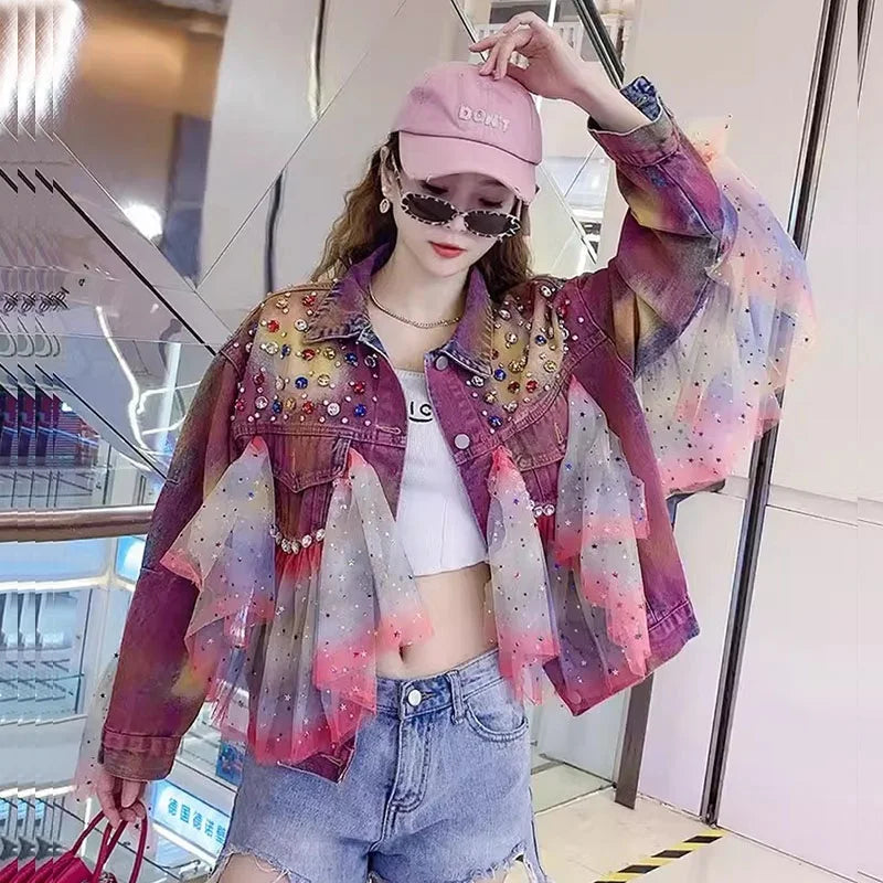 Spring New Women Mesh Patchwork Diamond Tie-dyed Hand-painted Graffiti Denim Jacket Streetwear Casual Long Sleeve Jeans Jackets