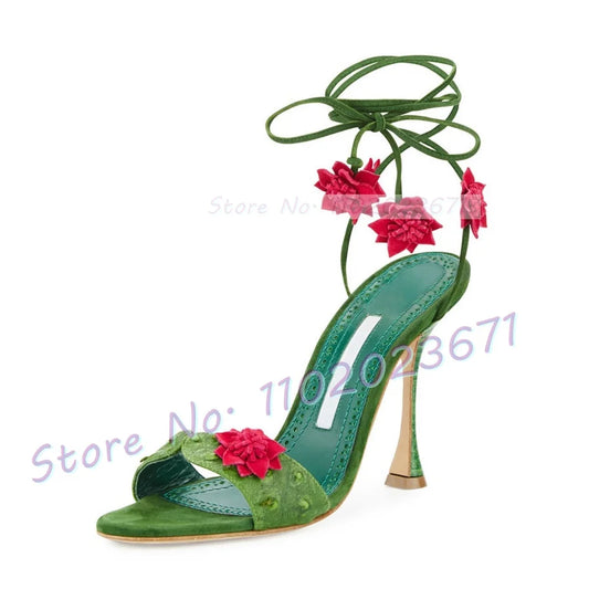 Red Flowers Lace-up Green Sandals Women Colorful Wine Glass Heels Luxury Sandals Forest Series Summer Chic Party Open Toe Shoes