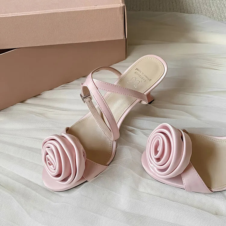 Elegant Pink Silk Women Sandals Flowers Decor Thin High Heels Party Pumps Black Chic Dress Summer Shoes Ankle Strap Sandalias