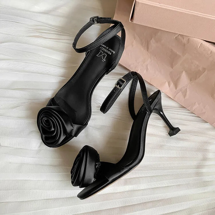 Elegant Pink Silk Women Sandals Flowers Decor Thin High Heels Party Pumps Black Chic Dress Summer Shoes Ankle Strap Sandalias