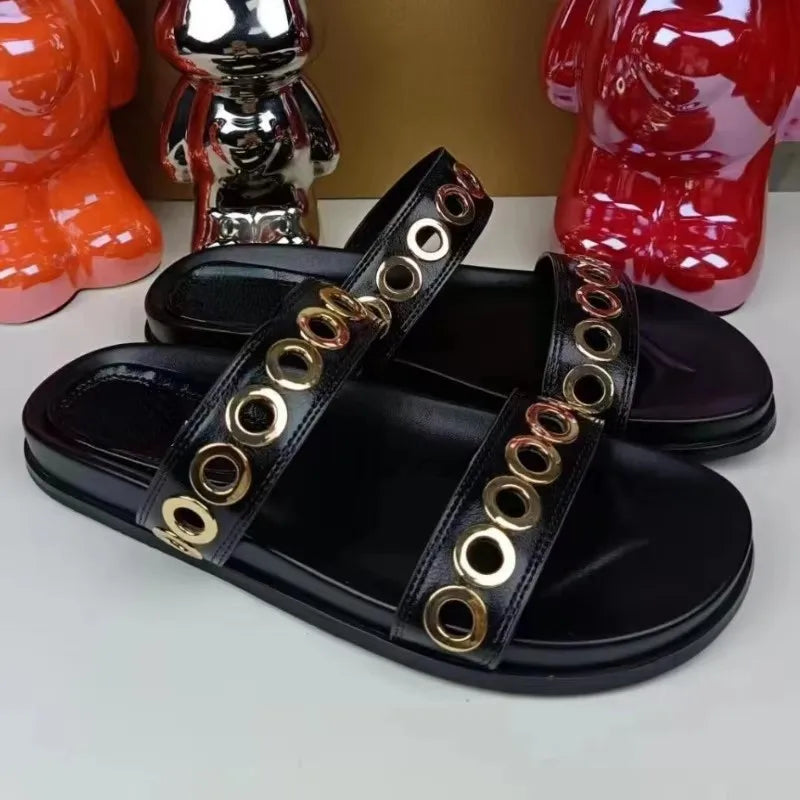 TRAF 2024 Women Black Flat Slippers Chic Metal Hollow Flat Sandals Summer Female Casual Outdoor Beach Peep Toe Flip-flops Shoes