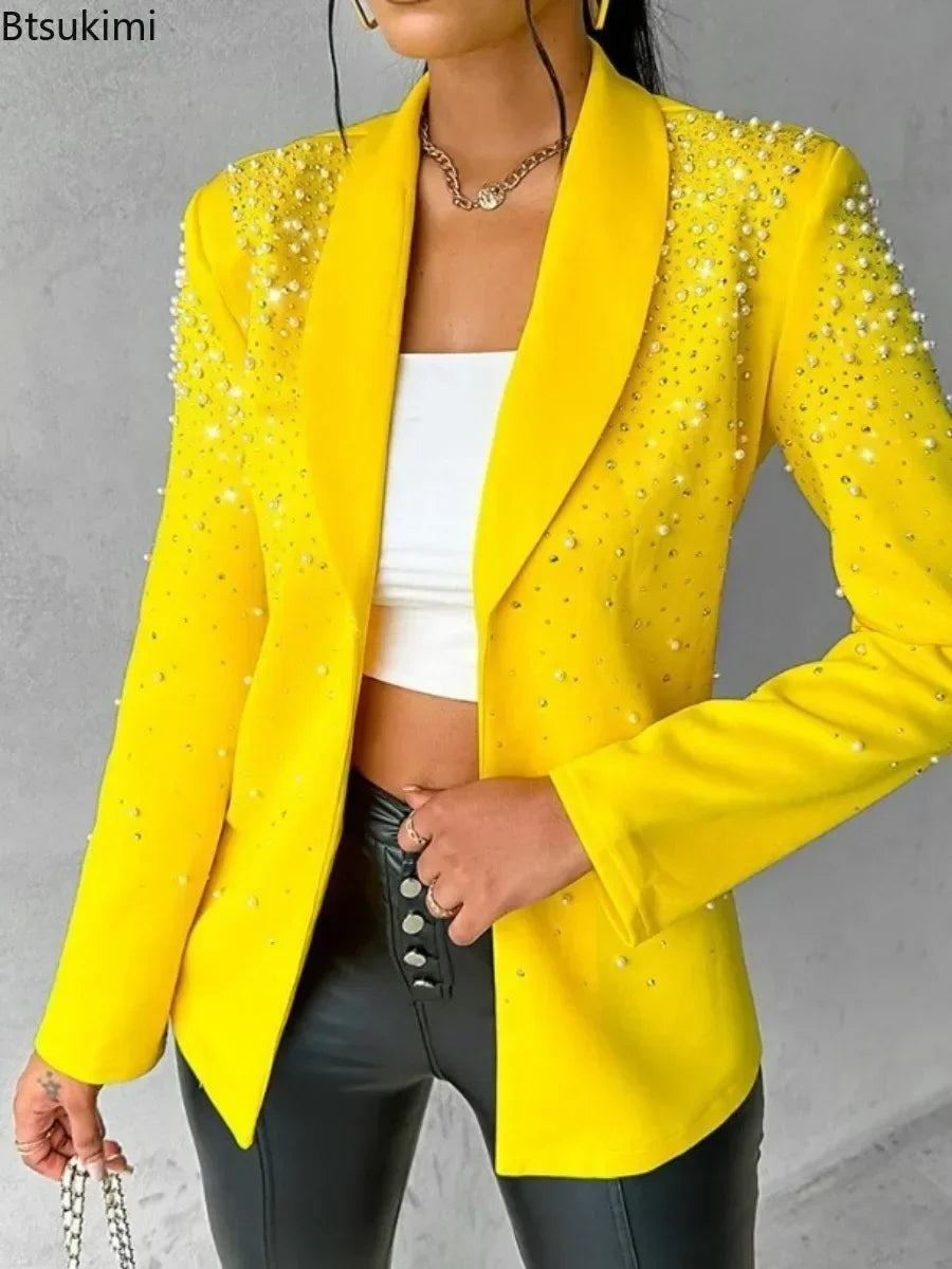 2025Women's Blazer Autumn Fashion Beaded Elegant Temperament Shawl Collar Plain Long Sleeve Work Blazer Coat Office Lady Blazers