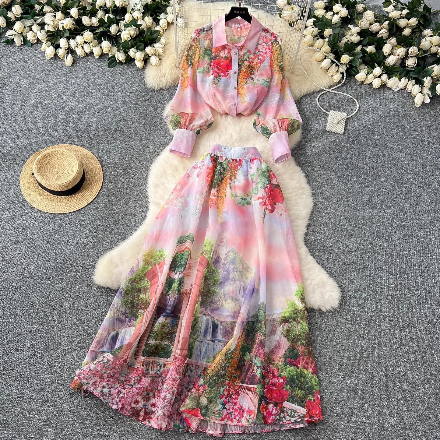 High Quality Women Summer Boho Floral Print Skirt Set Long Sleeve Blouse Top+High Waist Pleated Maxi Skirt Two Piece Suits