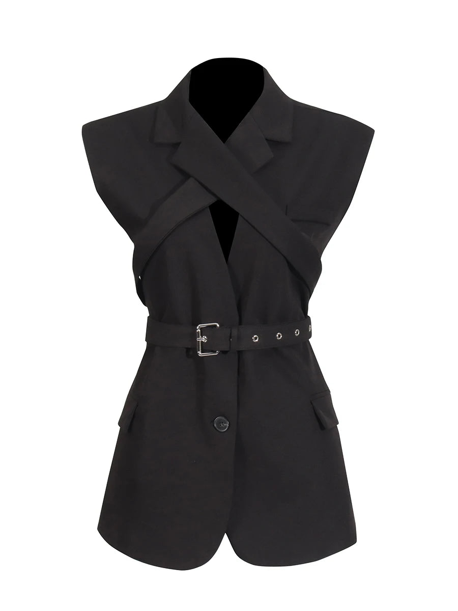 Black Sleeveless Blazer with Cross-Front Detail & Belt