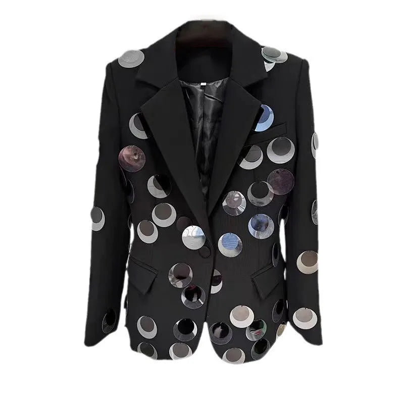 WTHT New Fashion Women's Spliced Big Sequins Blazer 2024 Winter Lapel Long Sleeves Single Buttons Slim Jacket Female 1LS653