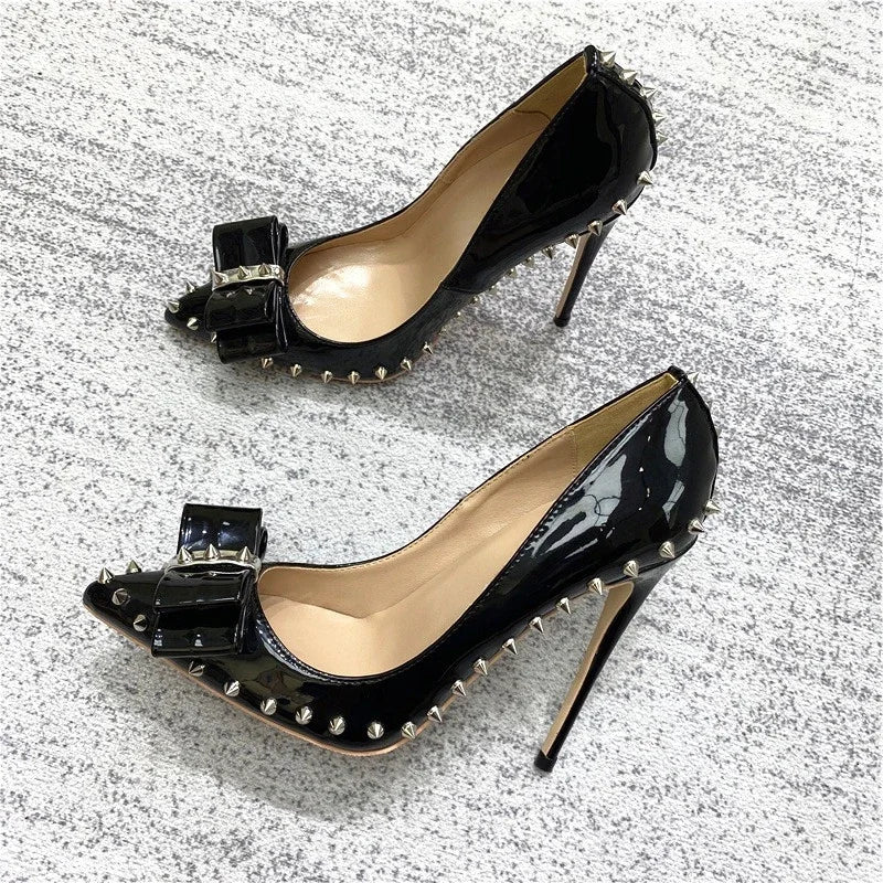 Heelgoo 2025 Newly 12cm 10cm 8cm Spikes Bow Women Sexy Pointy Toe High Heel Shoes Party Dress Stiletto Pumps Plus Size 33-46