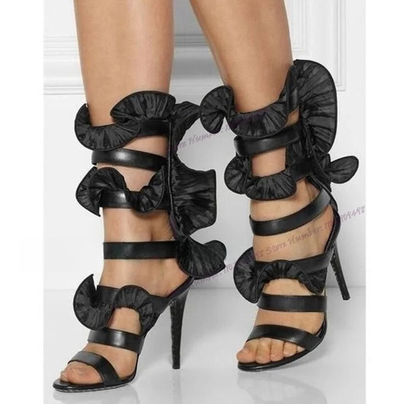 Black Ruffles Slip On Sandals Open Toe Shoes for Women Back Zipper Thin High Heel Summer Fashion Shoes 2023 Zapatos Para Mujere