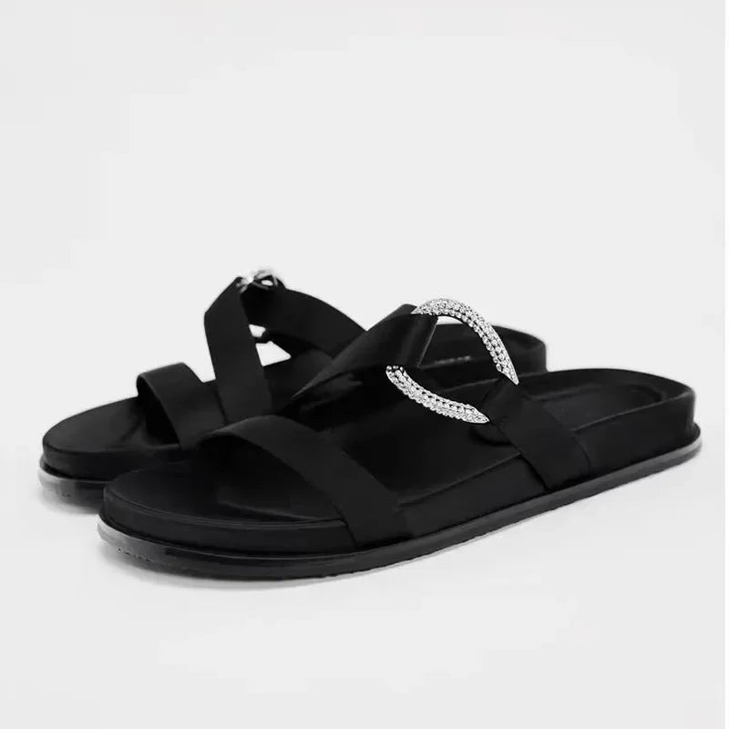 TRAF 2024 Women Black Flat Slippers Chic Metal Hollow Flat Sandals Summer Female Casual Outdoor Beach Peep Toe Flip-flops Shoes