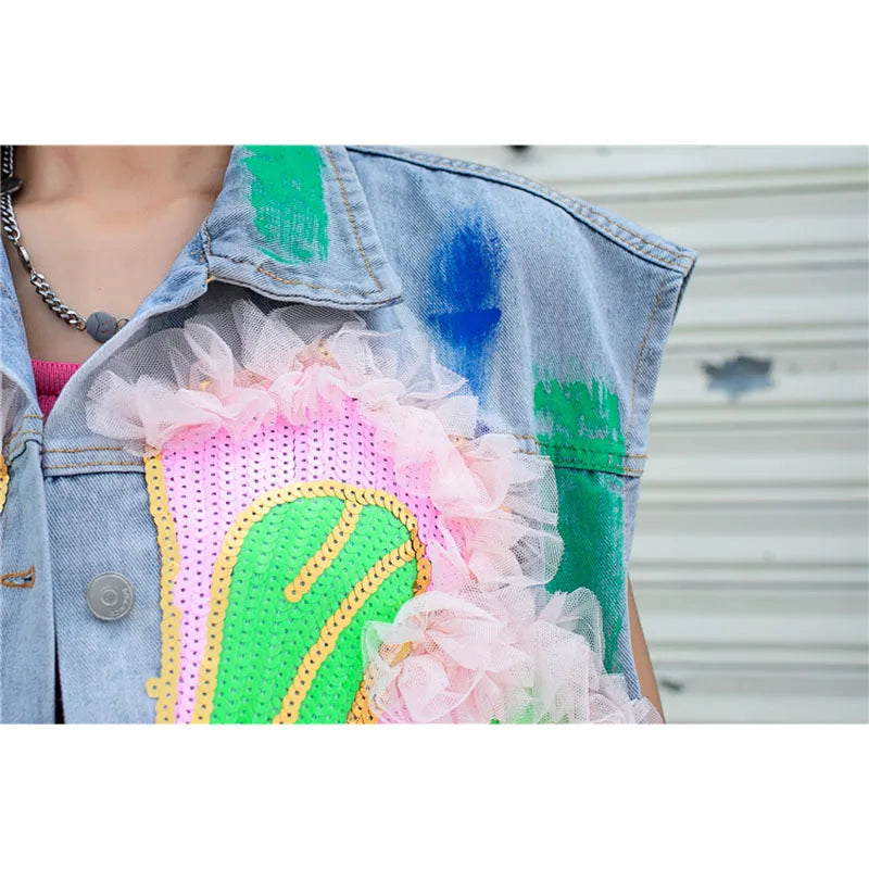 Fashion Mesh Sequin Flower Hand Painted Graffiti Print Women Short Jean Vest Autumn Casual Streetwear Sleeveless Denim Waistcoat