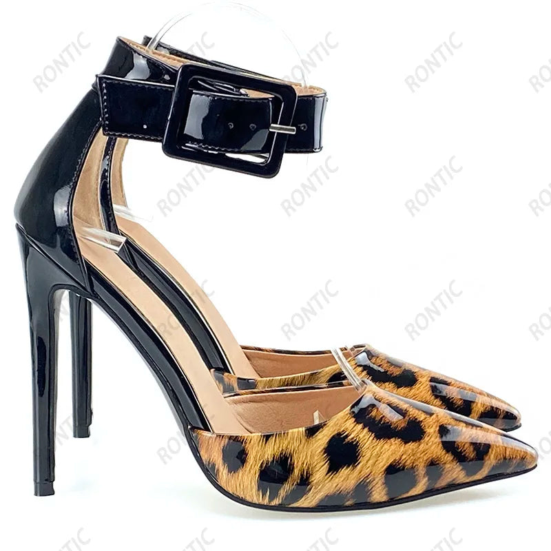 Rontic Handmade Women Leopard Pumps Sexy Stiletto Heels Pointed Toe Gorgeous Red Blue Grey Brown Dress Shoes US Size 5-15