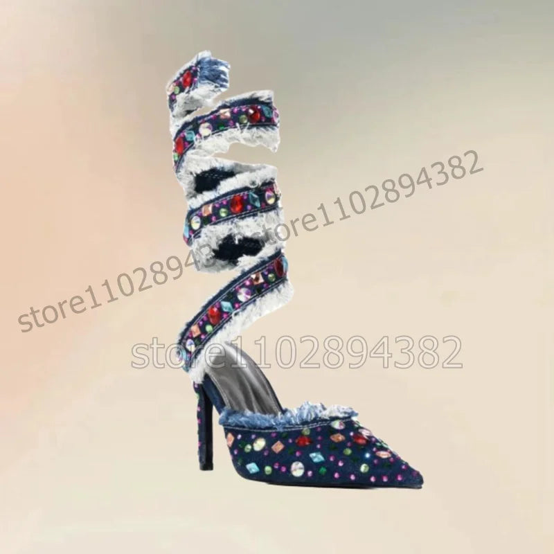 Blue Denim Ruffles Colorful Crystal Decor Twine Pumps Slip On Women Shoes Thin High Heels Pointed Toe 2023 Zapatos Para Mujere