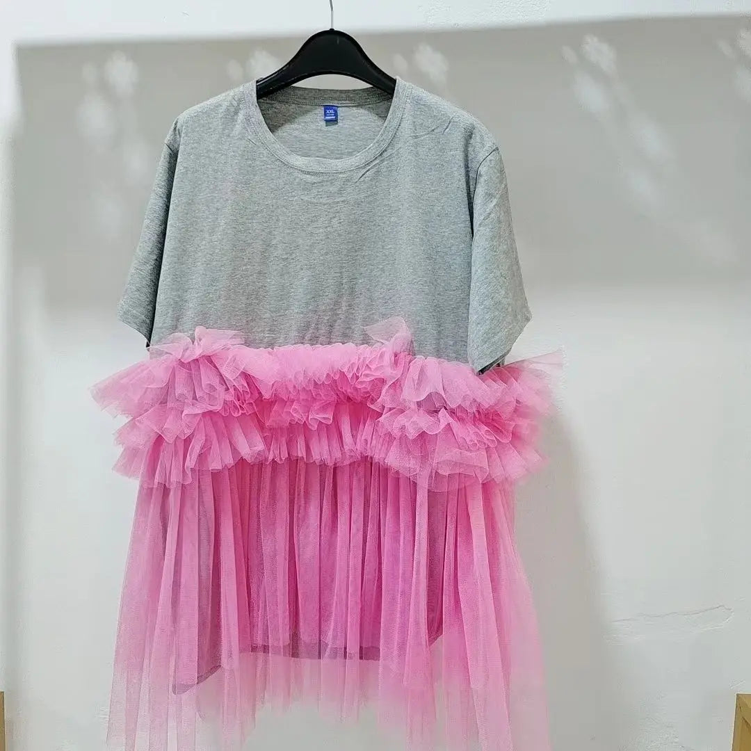 Chic Pink Mesh Splicing Ruffles T-Shirts Gray Spring Summer Gauze Pleated Short Sleeved Tees Jumpers Loose O-Neck Crop Tops