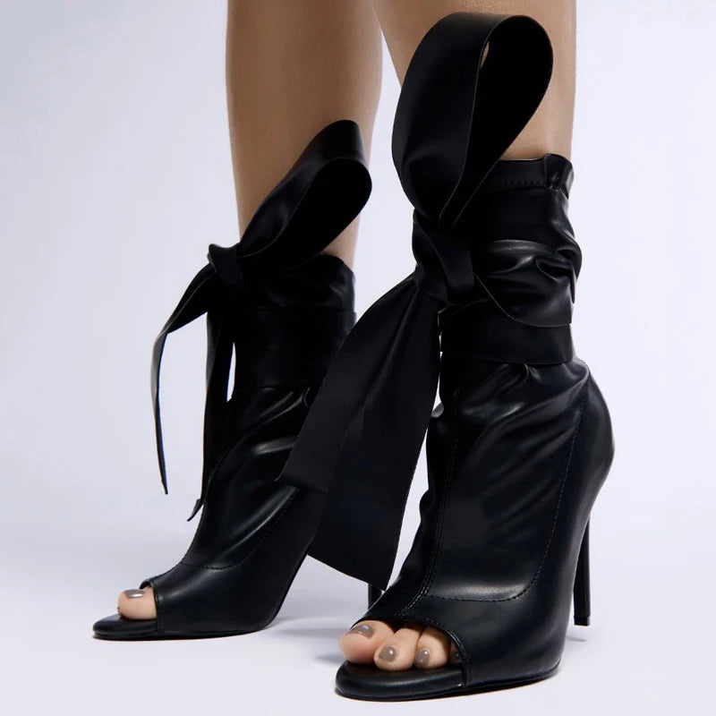 Summer Peep Toe Stretch Sandals Shoes High Top Stiletto Ankle Boots Sexy Women's Lace Bow-knot Short Boots