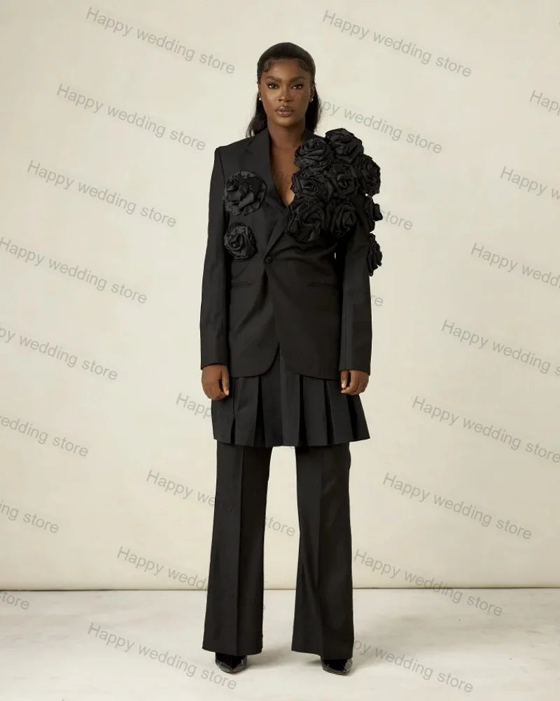 Formal Black Women Suits Pants Set 2 Piece Blazer+Trousers 3D Flower Ruffles Hem Office Lady Jacket Custom Made Prom Party Coat