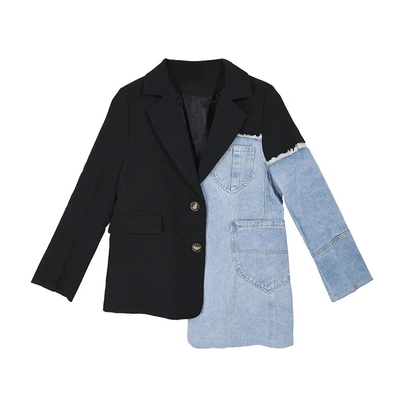 Spring 2025 Loose Blazer Stitching Denim Coat Irregular Single Breasted Color Block Jacket Female Fashion Coats 2A04505