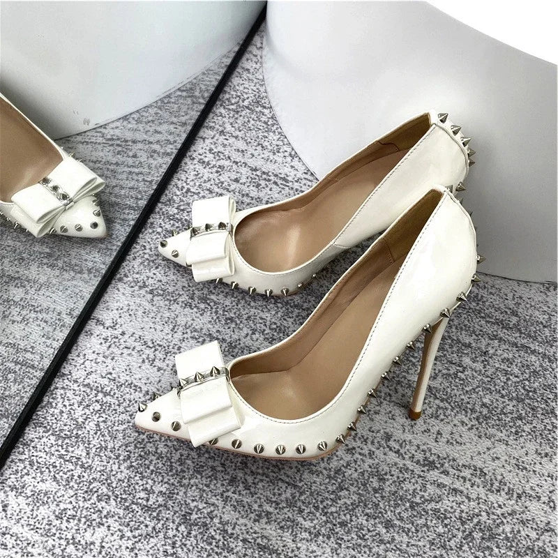 Heelgoo 2025 Newly 12cm 10cm 8cm Spikes Bow Women Sexy Pointy Toe High Heel Shoes Party Dress Stiletto Pumps Plus Size 33-46