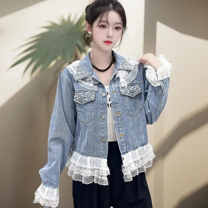 Fashion Design Lace Patchwork Denim Jacket For Women 2025 New Spring Autumn Large Size Casual Jeans Coat Outerwear Top Female