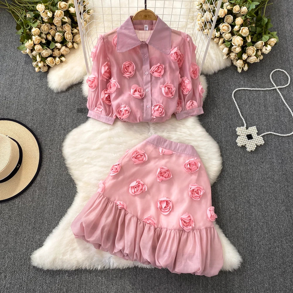 Summer Runway 2 Pieces Suit Women's Lapel Puff Sleeve 3D Applique Flower Pink Blouses and Mini Ruffles Skirt Set Clothing N8698