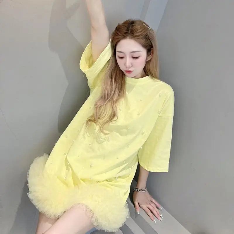 Mesh Spliced Ruffles Pearls Beaded T-Shirt Dress Loose Medium Length Yellow Gauze Pleated Tees Net Yarn Jumpers Tops Vestidos