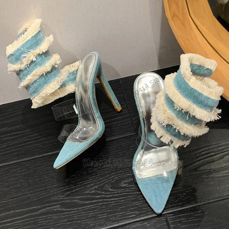 Blue Denim Ruffles PVC Open Toe Twine Sandals Slip On Women Shoes Thin High Heels Novel Fashion Party 2023 Zapatos Para Mujere