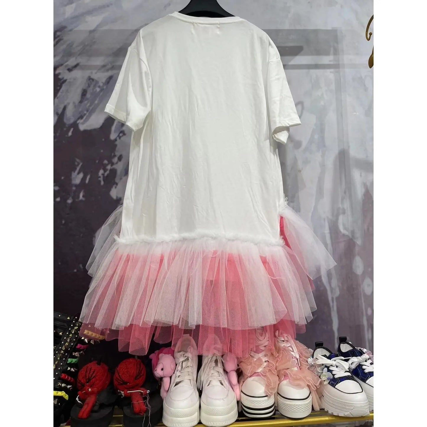 Chic Strawberry Embroidery Contrast Color Mesh Splice Ruffles T-shirt Dress Gauze Ruched Rainbow Skirt Tees Jumper Tops Vestido