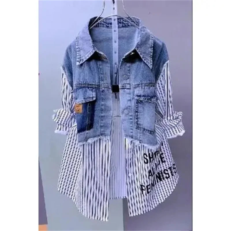 Spring/Summer 2024 New Fashion Striped Fake two Denim Shirts Women's Design Sense Stitching Women Jackets Temperament Coat Top