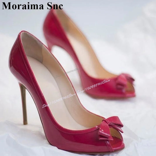 Graceful Style Rose Red Patent Leather Bow Knot Pumps Stilettos High Heel Women Shoes Slip-On Peep Toe 2024 Zapatos Para Mujere