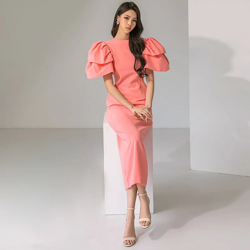 2023 Summer Formal Pink Simple Style Lotus Sleeve Dresses Fashion Elegant Slim Bodycon Party Club Dress