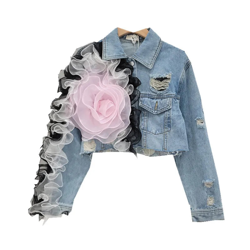 European Station 2025 New Heavy Industry Mesh Splicing Personality Hole Design Sense Short Loose Denim Jacket Fashion For Women