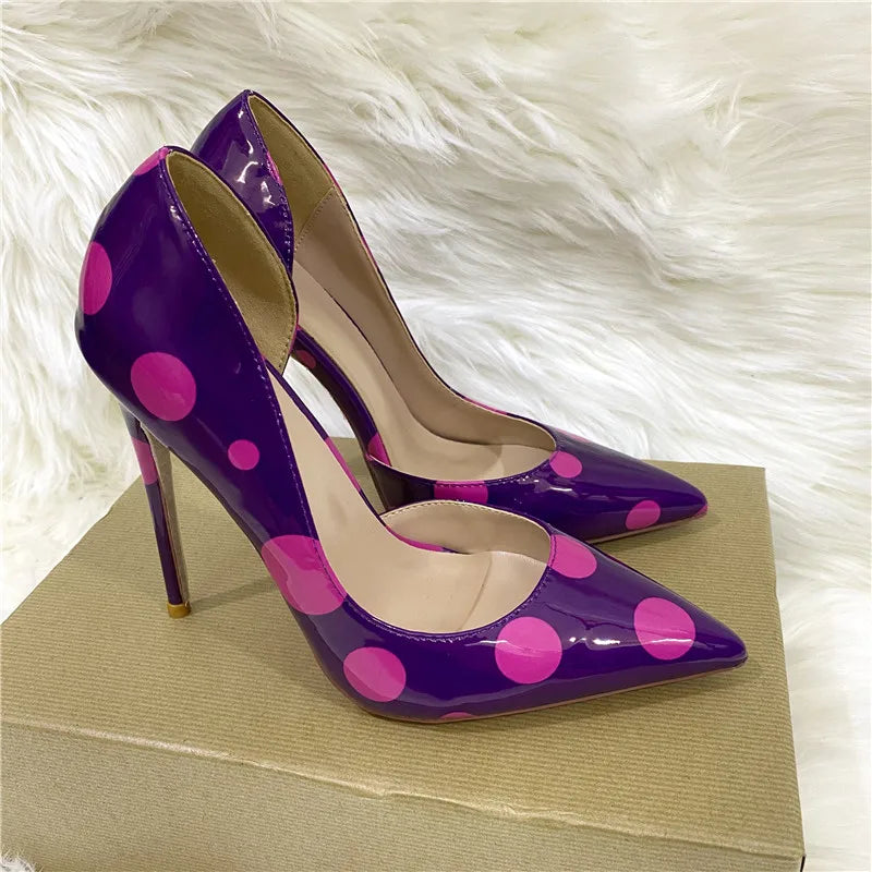 Keshangjia Rose Polka Dot Women Patent Leather Pointy Toe Stiletto High Heels Chic OL Ladies Slip On Pumps Printed Party Shoes