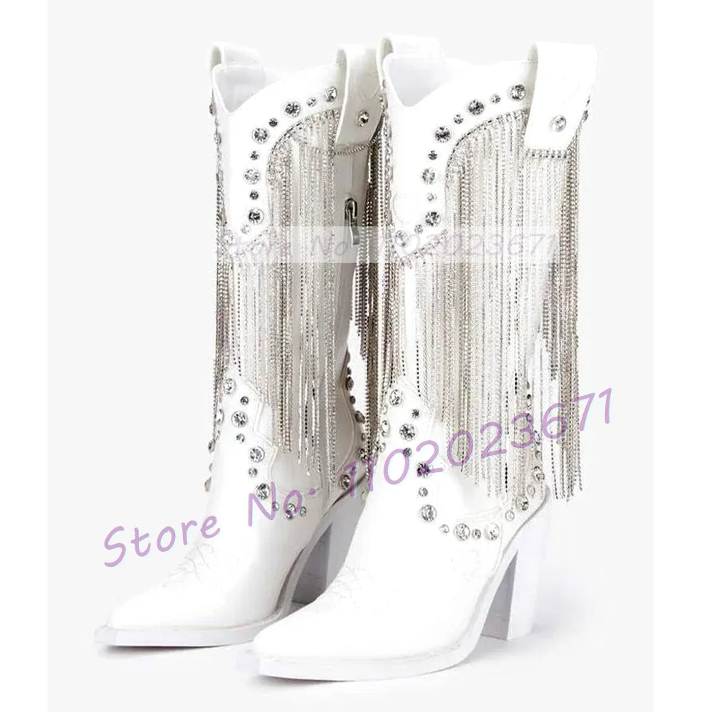 Diamond Fringes Pink Western Boots Women Sparkly Block High Heels Crystal Trim Shoes Ladies Winter Pointed Toe Knee High Boots